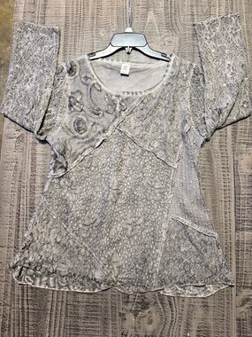 Textured Lace Roses w Patchwork Tunic Top Gray by This & That International Co.
